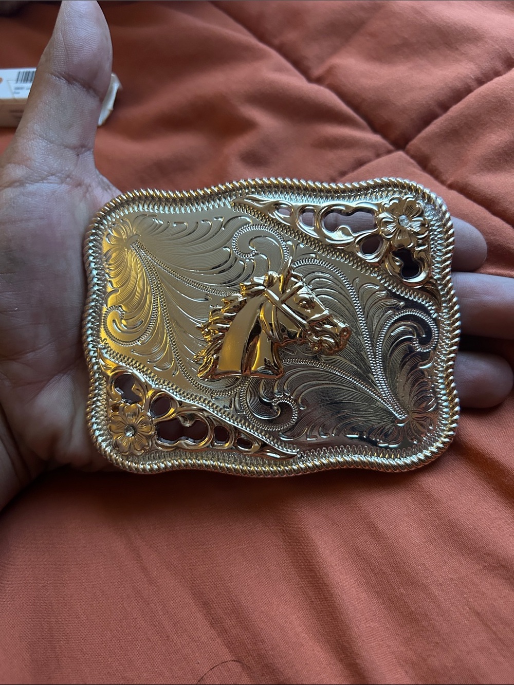 Western Horsehead Engraved Metal Belt Buckle - Gold and Silver